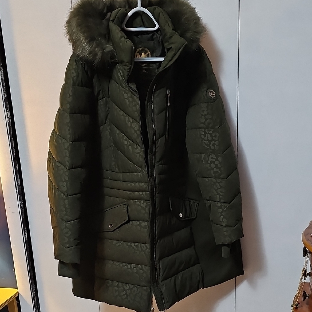 Michael Kors Olive Puffer Jacket with Faux Fur Trim